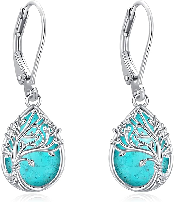 Black Cat/Turtle/Moonstone//Turquoise/Flower/Tree of Life Earrings Sterling Silver Cute Animal Leverback Dangle Earrings Jewelry Gifts