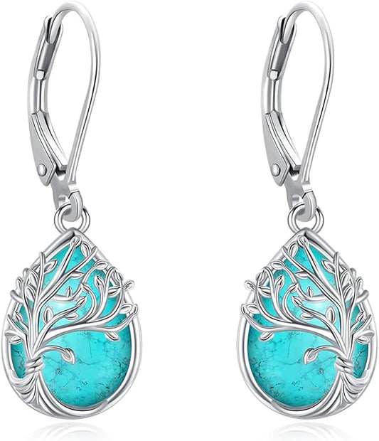 Black Cat/Turtle/Moonstone//Turquoise/Flower/Tree of Life Earrings Sterling Silver Cute Animal Leverback Dangle Earrings Jewelry Gifts