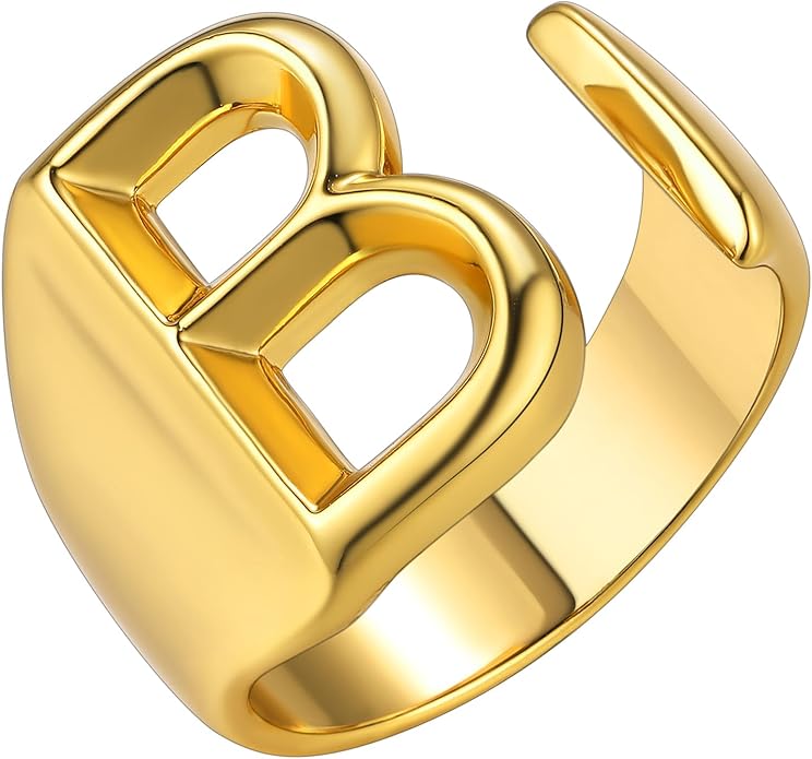 KeyStyle Bold Initial Letter Rings Adjustable, GoldChic Jewelry Women Gold Statement Ring Personalized Engraved Women’s Open Signet Ring for Party (Gold, White Gold, Black)