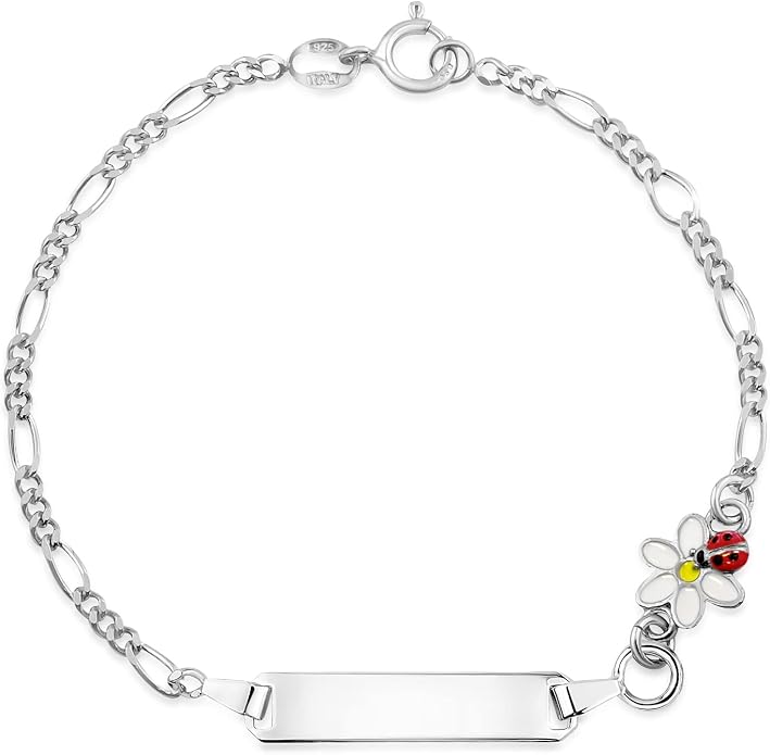 UNICORNJ 925 Italy Sterling Silver Child or Baby Name Bracelet Girls Boys, Personalized Engraved Kids ID Bracelets, 6.5" Figaro Chain, Enamel Charm Newborn Infant Toddler Kid Jewelry