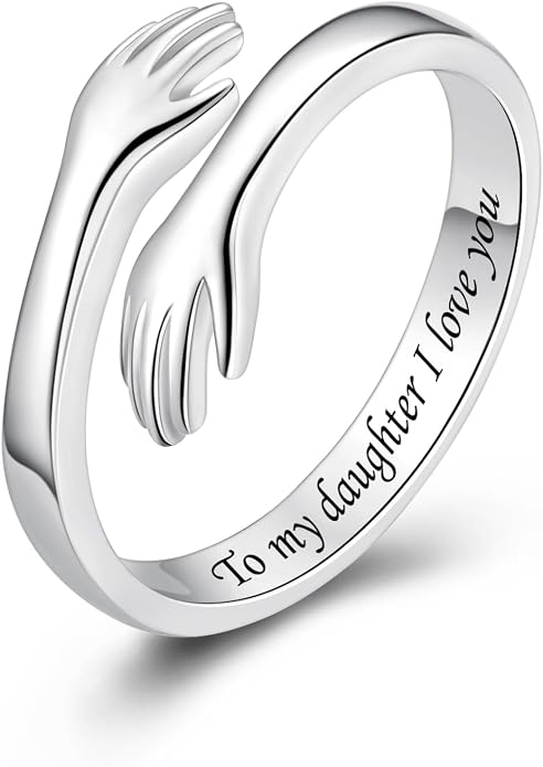 S925 Sterling Silver Hug Rings for Women Teen Girls Adjustable Ring for Granddaughter Daughter Hope Promise Friendship Hand Ring Jewelry for Birthday Graduation Christmas Mothers Day Valentines Gifts