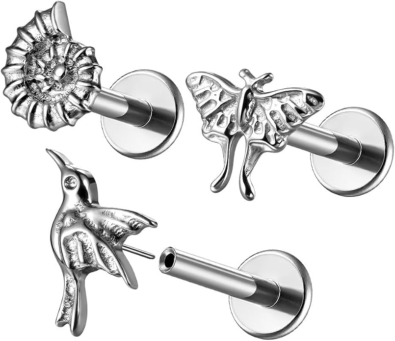 Casvort 3 PCS ASTM F136 Titanium 16G/18G Moth Bird Snail Flower Heart Spiral Threadless Flatback Piercing Stud for Nose, Labret, Tragus, Helix, Conch with 6mm 7mm and 8mm Post- Cartilage Earring Body Piercing Jewelry