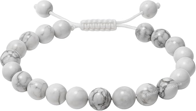 Amazing Gemstone Howlite Bracelet, Gifts for Men & Women - Protection Healing Crystal Bracelet - 8mm Gemstone Beaded Adjustable Bracelet, Pulseras para Hombres Mujer Stocking Stuffers