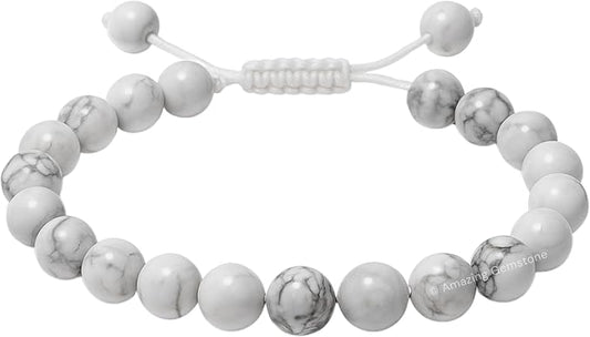 Amazing Gemstone Howlite Bracelet, Gifts for Men & Women - Protection Healing Crystal Bracelet - 8mm Gemstone Beaded Adjustable Bracelet, Pulseras para Hombres Mujer Stocking Stuffers