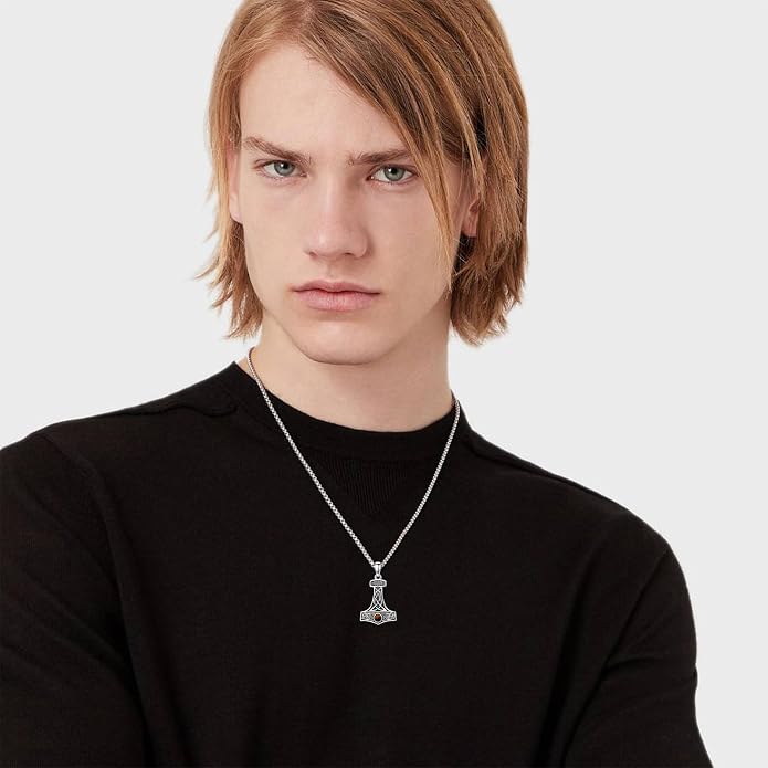 PROESS Viking Axe/Sword/Skull Necklace S925 Sterling Silver Thors Hammer Necklace Amulet Dagger Pendant Norse Viking Rune Jewelry Gifts for Men Women
