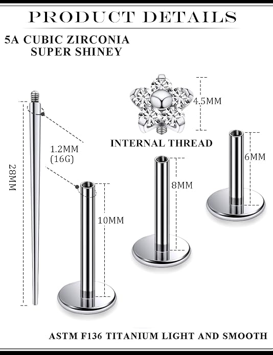 16G Astm F136 Titanium Internal Thread Flat Back Earrings Nose Studs Tragus Forward Helix Conch Cartilage Lobe Earrings Stud Medusa Labret Monroe Lip Ring Piercing Jewelry For Women Men