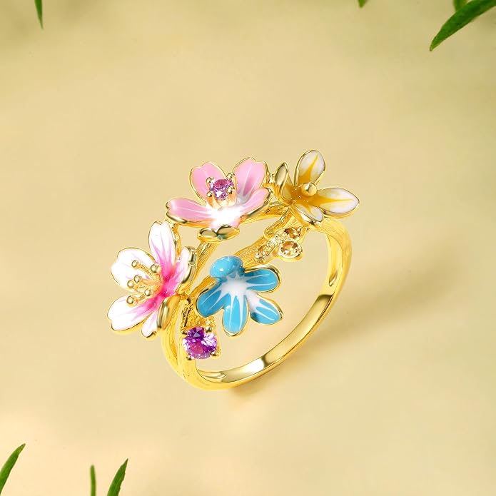 Santuzza 925 Sterling Silver Enamel Flower Ring for Women