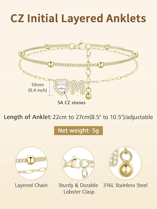 FindChic Silver/14K Gold Plated Layered CZ Initial Ankle Bracelet for Women | Waterproof Stainless Steel, Cubic Zirconia Letter Charm, Non-Tarnish, Hypoallergenic, Adjustable Extender, Summer Jewelry