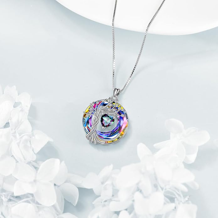 POPLYKE Mothers Day Gifts for Mom Her Wife Tree of Life Necklace 925 Sterling Silver Birthstone Pendant with Crystal Anniversary Birthday Wedding Jewelry for Women