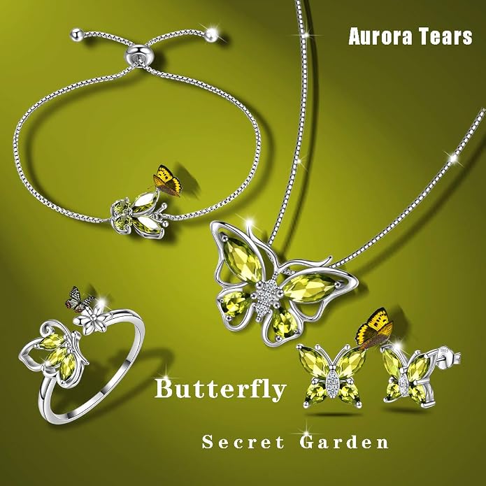 Aurora Tears Butterfly Jewelry,Women 925 Sterling Silver Butterflies Birthstone Pendant Necklace/Earrings/Rings Wedding Gift