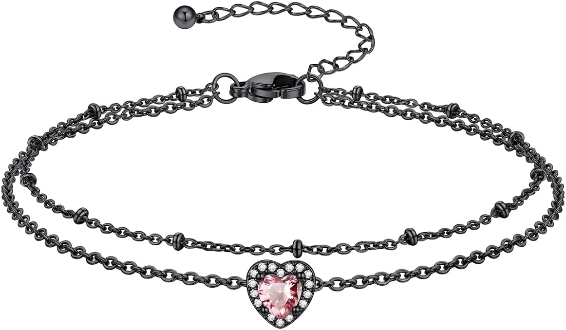 Richsteel Double Layer Heart/Butterfly Birthstone Anklet for Women Non Tarnish Waterproof, Silver/Gold/Black Stainless Steel 8.5-10.5 Inch Adjustable Chain Anklets Jewelry Gifts for Her