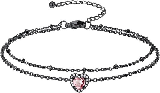 Richsteel Double Layer Heart/Butterfly Birthstone Anklet for Women Non Tarnish Waterproof, Silver/Gold/Black Stainless Steel 8.5-10.5 Inch Adjustable Chain Anklets Jewelry Gifts for Her