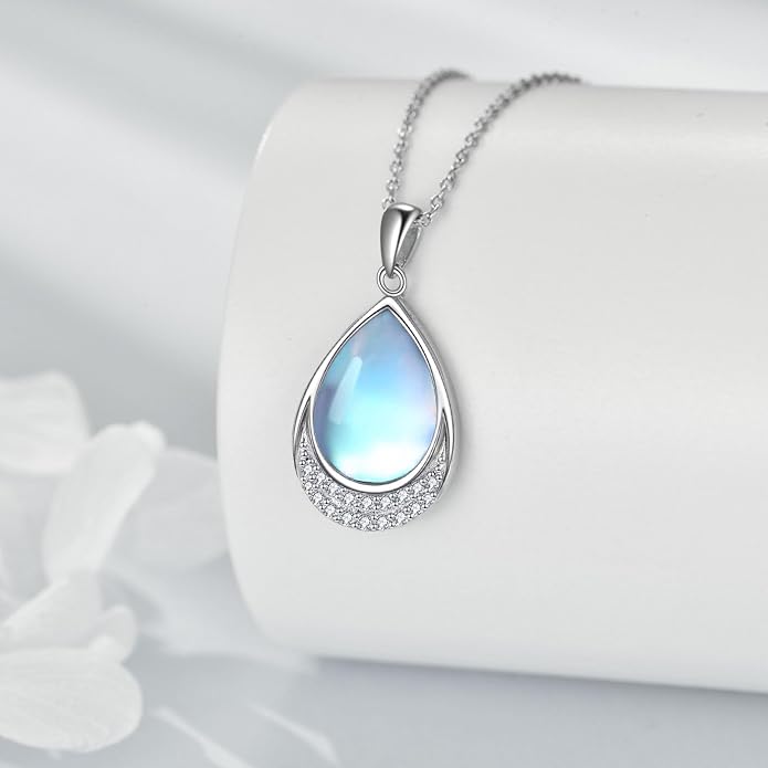 YAFEINI 925 Sterling Silver Moonstone Necklace Filigree Teardrop Pendant Necklace Jewelry for Women Girls