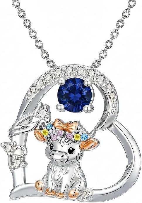Highland Cow Gifts for Women 925 Sterling Silver Highland Cow Birthstone Necklace Fluffy Cow Jewelry Gifts Birthday Christmas
