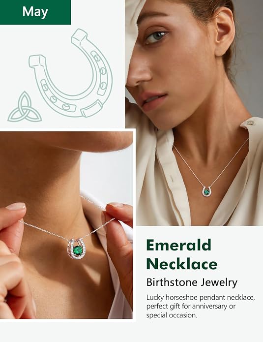 925 Sterling Silver Horseshoe Necklace for Women Round Gemstone Birthstone Necklace Sapphire/Emerald/Ruby/CZ Horse Shoe Pendant Necklaces Jewelry Gift
