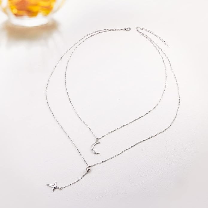 Layered Choker Necklaces for Women S925 Sterling Silver Circle/Heart/Cross/Star Multi Layered Necklace Handmade Bead Chain Adjustable Jewelry for Birthday