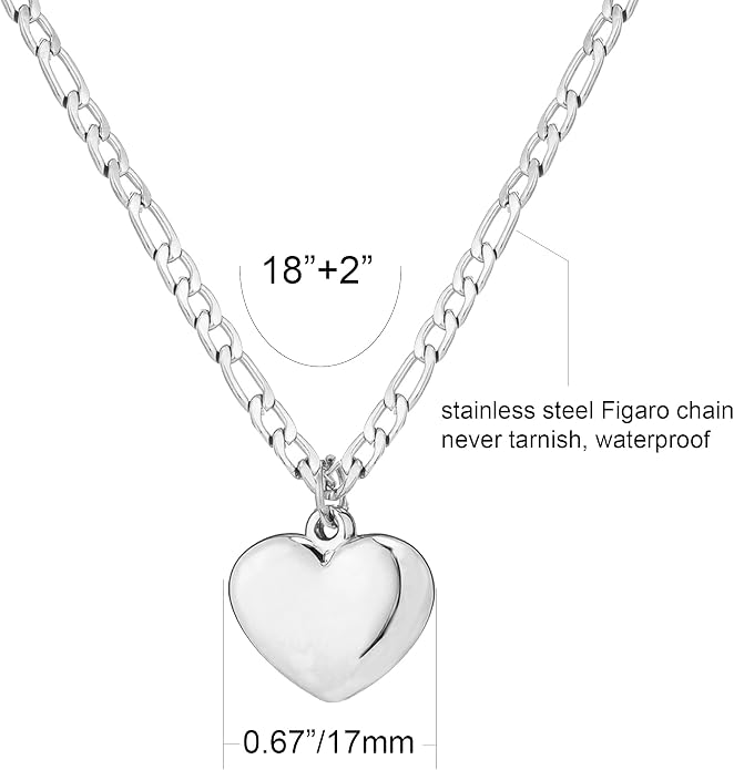 14K Gold Silver Tone Heart Necklace for Women Stainless Steel Polished Heart Pendant Necklaces Chain 18”+2” Minimalist Jewelry