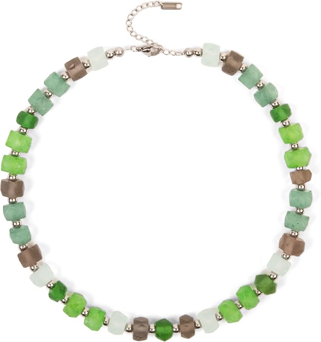 Chunky Frosted Sea Glass Beaded Necklace for Women - Handmade Recycled Glass, 18K Gold Plated or Silver Toned Stainless Steel, Adjustable 16-18 inch Boho Statement Necklace