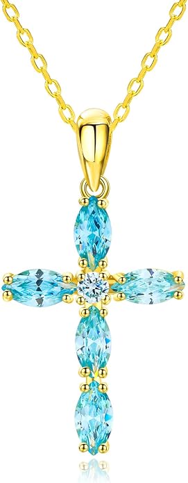 14K Gold Plated 925 Sterling Silver Birthstone Cross Necklace for Women Men