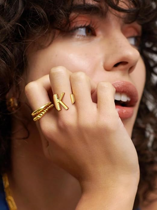 Suplight Nikel Free 18K Gold Plated Letter Rings, Fashion Monogram Jewelry Statement A-Z Wide Name Initial Alphabet Adjustable Open Ring for Women