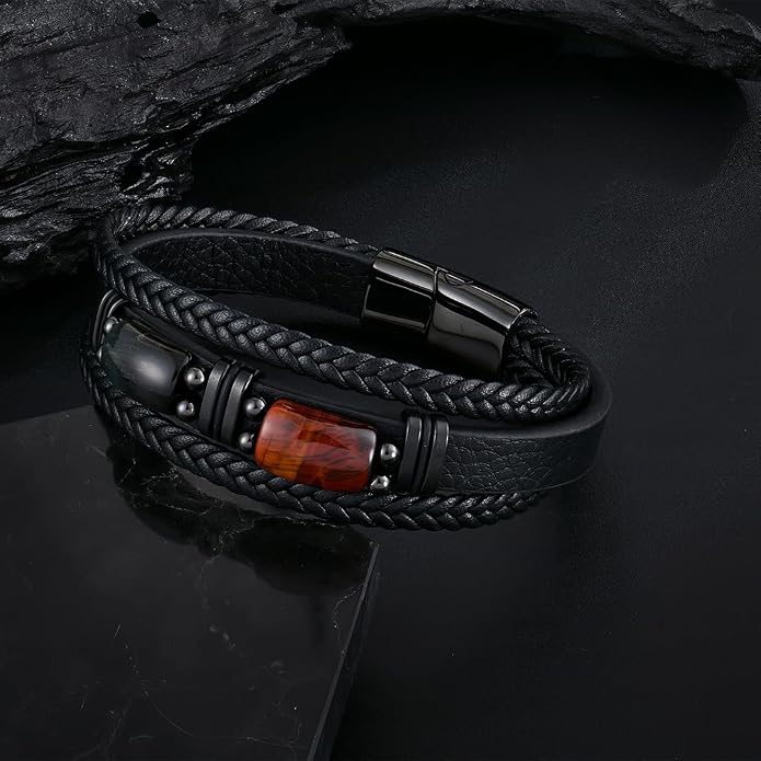 Mens Leather Bracelet Natural Tiger Eye Protection Multilayer Braided Wristband Bangle Gifts for Him