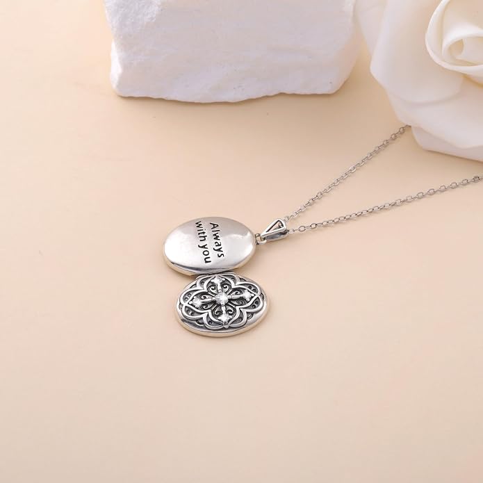 Oval Moissanite Locket Necklace for Women - 925 Sterling Silver Locket Pendant with Photo Vintage Moissanite Lockets Necklace Holds Pictures Engraved “Always with You ”Memorial Jewelry Gift for Mom Daughter
