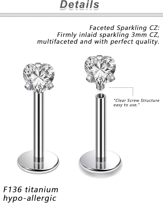 20G 18G 16G F316 Titanium Flat Back Nose Rings Studs Hypoallergenic Screw on Tragus Helix Cartilage Earrings Stud Piercing Jewerly for Women Men Bars 6mm