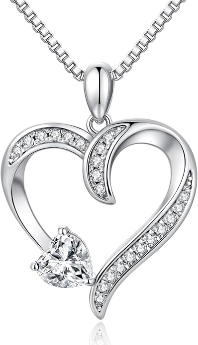 Love Heart Necklace for Women, 925 Sterling Silver Cubic Zirconia Birthstone Heart Pendant Jewelry Gift for Mom, Mother, Wife, Girlfriend on Birthday, Mother's Day, Chain 18 inch