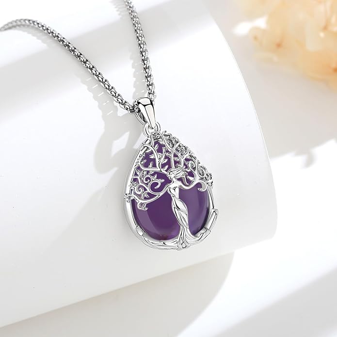 AEONSLOVE Tree of Life Necklace with Crystal for Women, Amethyst/Obsidian/Turquoise/Moonstone/Malachite Crystal Pendant Necklaces for Ladies