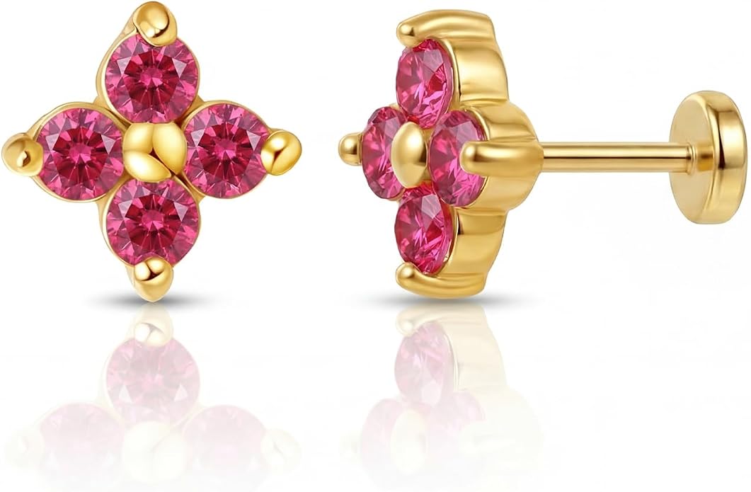 FANSING Short Threadless Cartilage Earring Stackable CZ Birthstone Flat Back Earrings for Women Small Stud Earrings for Tragus Helix Earlobe 18K Gold Plated ‌Rainbow 5.0mm