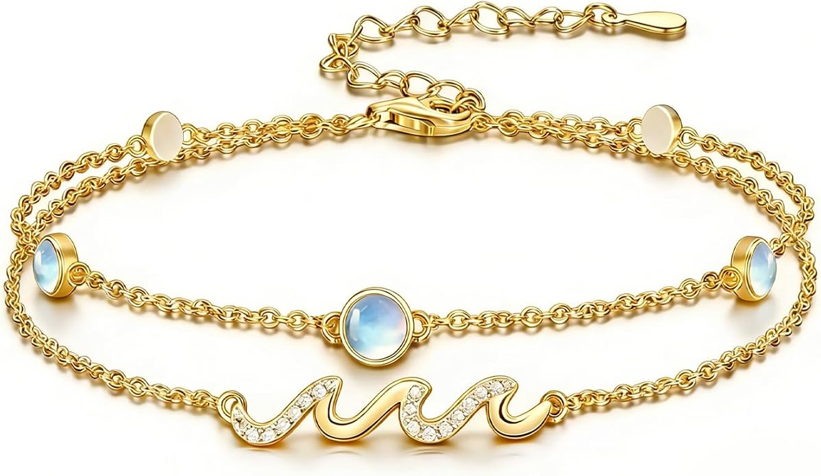 Wave/Dolphin Bracelet/Sea Turtles Anklet 925 Sterling Silver Adjustable Moonstone Bracelet/Anklet Summer Ocean Jewelry Gifts for Women