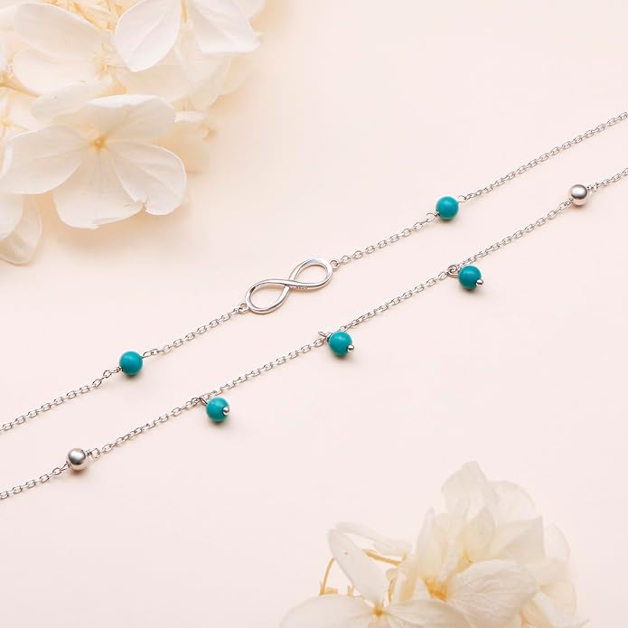 Flyow Anklet for Women S925 Sterling Silver Adjustable Foot Beaded Heart Charm Ankle Bracelet Anklets Jewelry