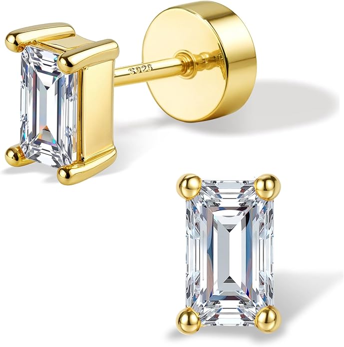GEMQUEEN Moissanite Earrings Studs Flat Back Earrings Hypoallergenic - 14K Gold Plated Sterling Silver Earring for Women Men Small Dainty Cartilage Helix Piercing Jewelry D Color VVS1