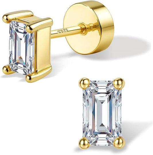 GEMQUEEN Moissanite Earrings Studs Flat Back Earrings Hypoallergenic - 14K Gold Plated Sterling Silver Earring for Women Men Small Dainty Cartilage Helix Piercing Jewelry D Color VVS1