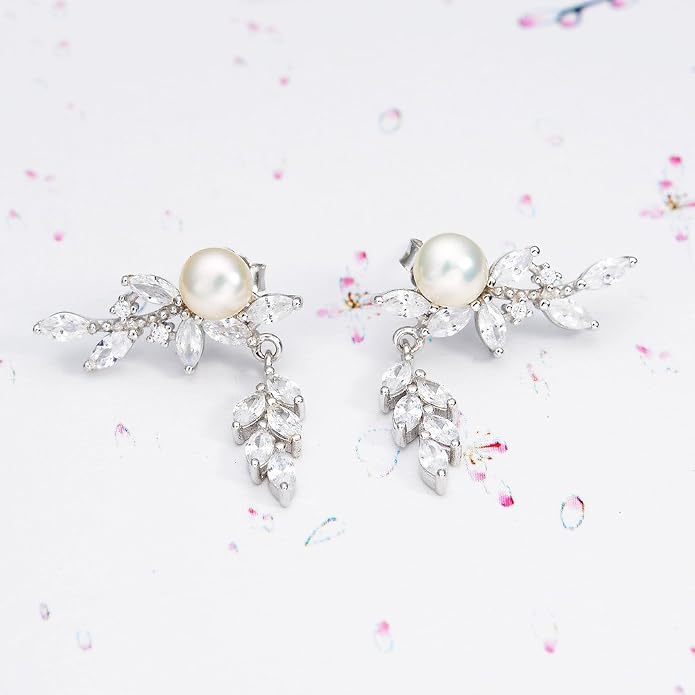 EVER FAITH 925 Sterling Silver CZ 4MM Cultured Pearl Leaf Ear Wrap Cuff Stud Post Crawler Climber Earrings