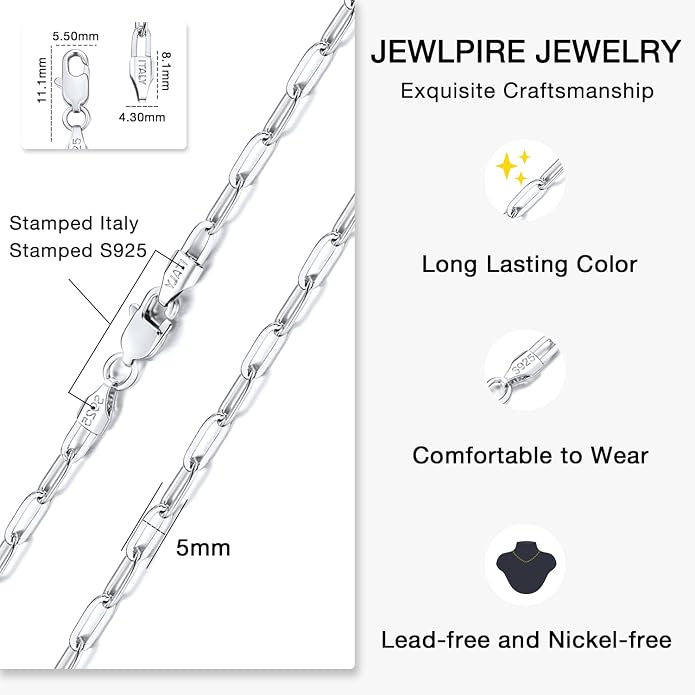 Jewlpire 14K Gold Plated 925 Sterling Silver Paperclip Chain Necklace for Women, 4mm 5mm Shiny & Sturdy Women's Chain Necklaces 16 18 20 22 24 26 Inch
