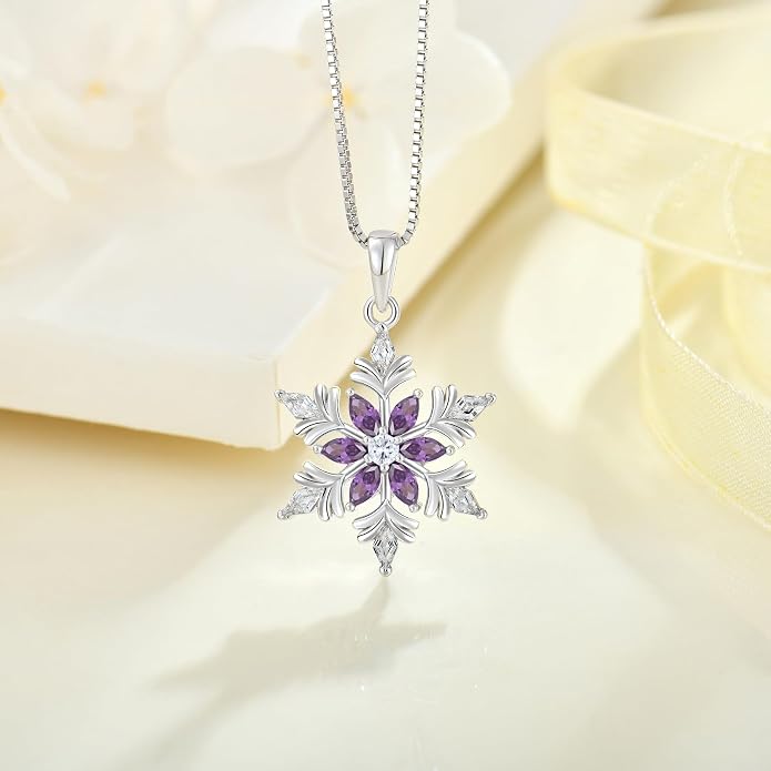 925 Sterling Silver Snowflake Necklace for Women Birthstone Snowflake Pendant Necklace Cubic Zirconia Christmas Jewelry