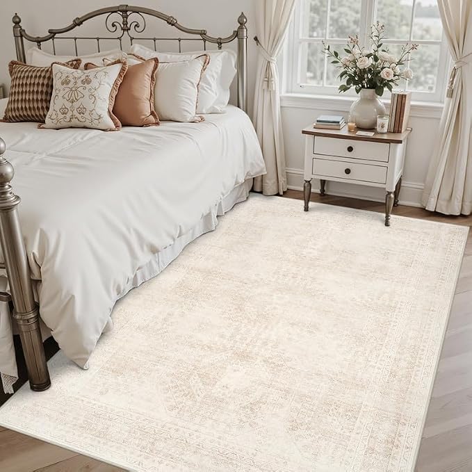 3x5 Area Rugs for Living Room: Vintage Boho Neutral Washable Rug Indoor Soft Large Area Rug Carpet for Bedroom Nursery Farmhouse Dining Room Office Floor Non-Slip Low Pile Under Table Rug Beige