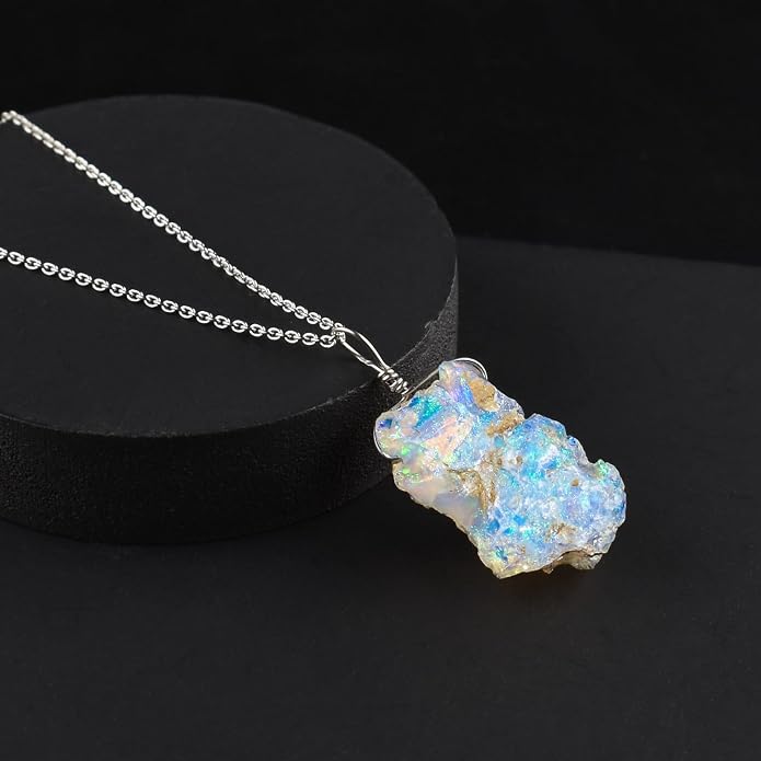 Raw Ethiopian Fir Opal Pendant Necklace for Women, Dainty Pendant, Handmade October Birthstone, Hypoallergenic Spiritual Healing Stone 925 Sterling Silver Chain 20" Birthday Gifts