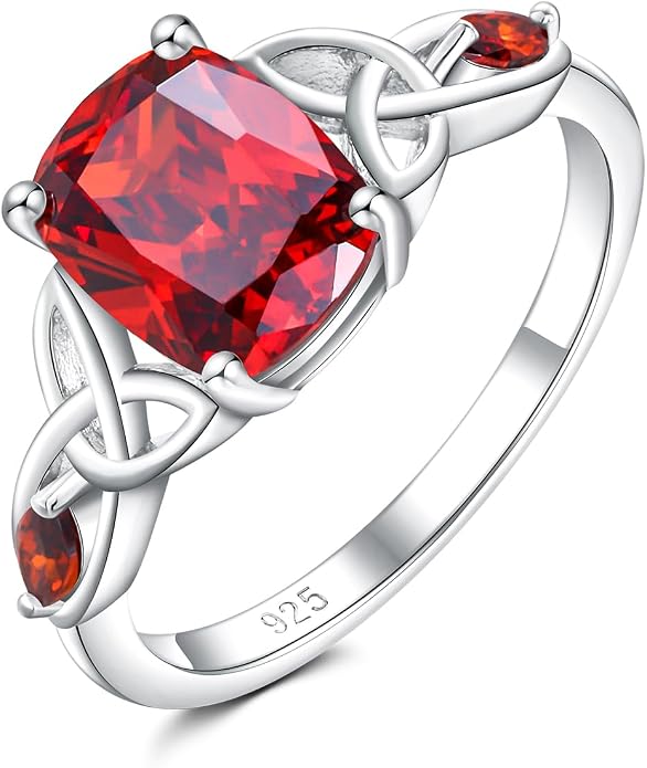 925 Sterling Silver Birthstone Rings for Women Cushion Cut Engagement Celtic Knot Ring Irish Jewelry Created Gemstone Anniversary Rings Size 6-10(with Box)