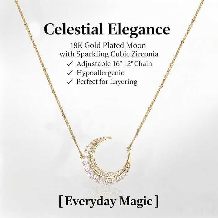 Miss mimi CZ Pendant Necklace, Golden Yellow Princess Cut or Crescent Moon, 18K Gold Plated, Adjustable 16” or 18 + 2”in Chain, Celestial & November Birthstone Citrine Style