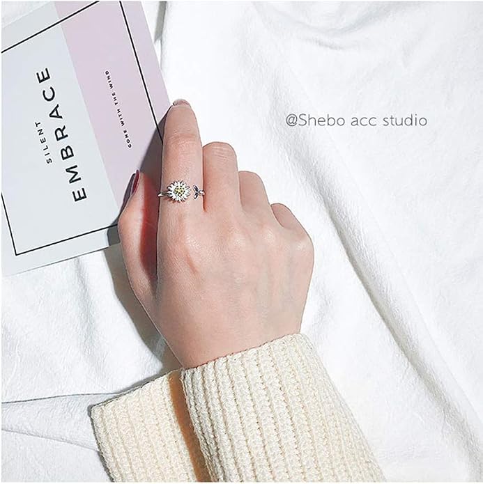 NewZenro Daisy Flower Cute Leaf Sterling Silver Engagement Open Toe Rings Dainty Adjustable Gold Plated Finger Promise Statement Sunflower Ring Jewelry Gifts for Birthday Women Daughter