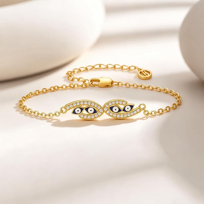 Cicy Bell Evil Eye Bracelets 18k Gold Plated Turquoise Zirconia Link Bracelets Trendy Jewelry Gift for Women Adjustable 5.9" with 1.9'' Extender