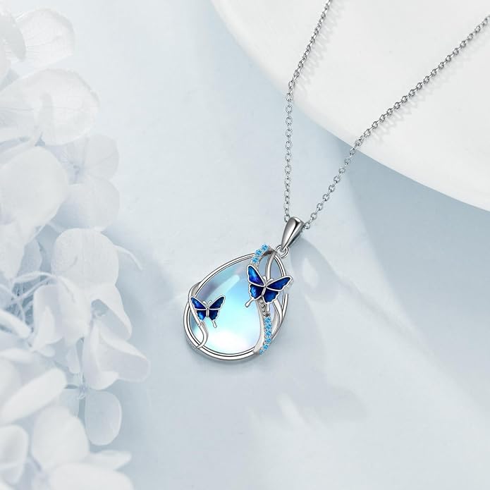 KQF Dragonfly/Butterlfy/Cat/Jellyfish/Bunny/Axolotl/Bee/Mermaid/Hummingbird/Elephant Necklace for Women Sterling Silver Moonstone Pendant Necklace Dragonfly Jewelry Gifts for Women