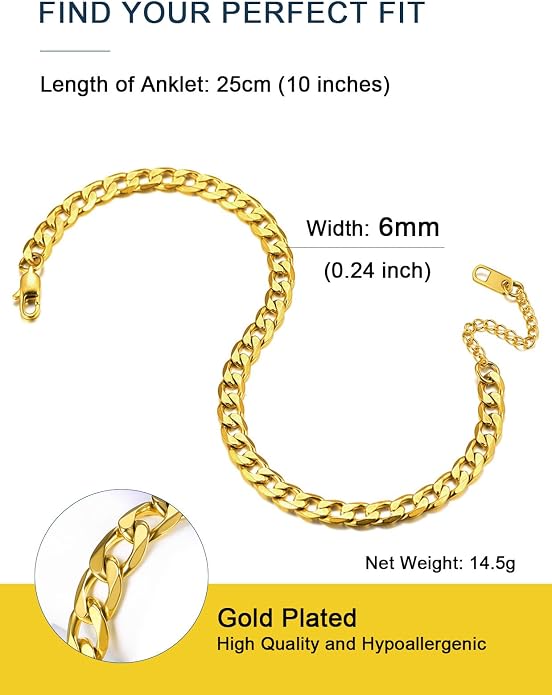 ChainsPro Resizable Anklet Chain for Women Men, Figaro/Wheat/Twist Rope/Cuban Foot Bracelet-Strong with Good Clasp-18K Gold Plated(Send Gift Box)