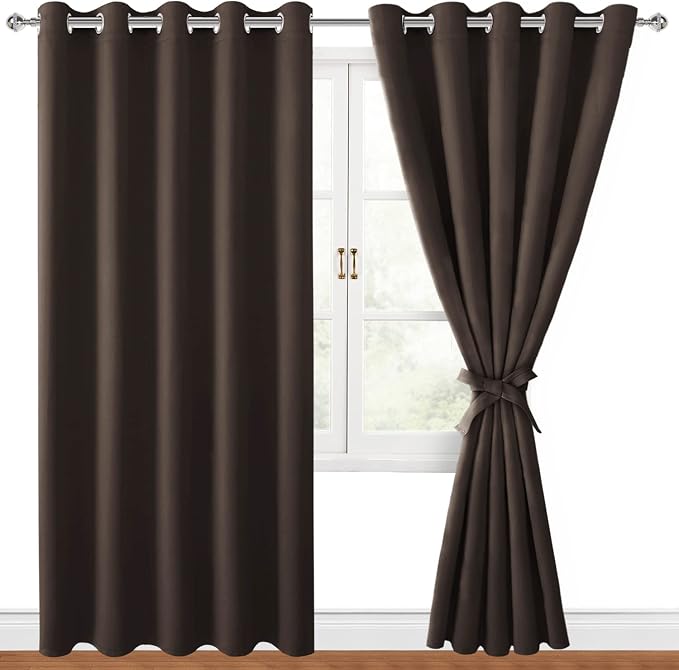 Hiasan Blackout Curtains for Bedroom, 60 x 84 Inches Long - Thermal Insulated & Light Blocking Window Curtains for Living Room, 2 Drape Panels Sewn with Tiebacks, Brown