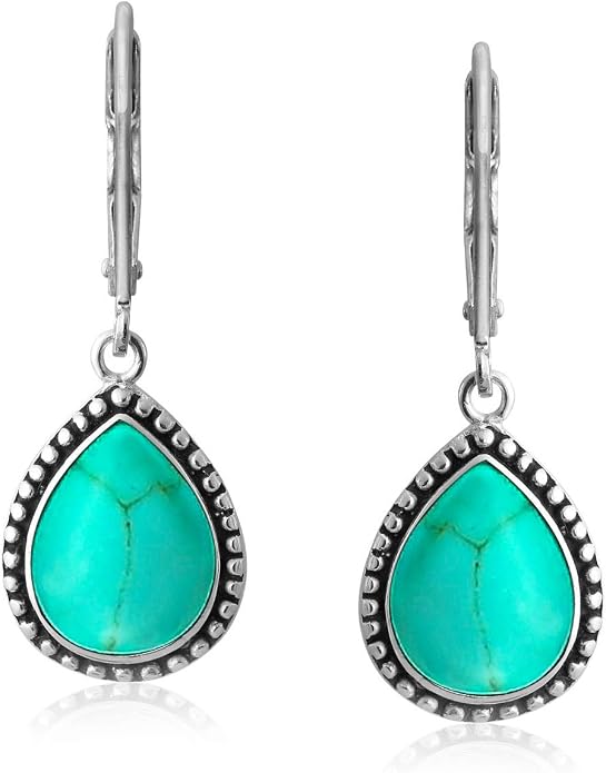 Bling Jewelry Boho Western Style Milgrain Setting Semi Precious Gemstones Lapis Turquoise Jade Onyx Quartz Pear Shaped Teardrop Lever Back Dangle Drop Earrings Teen Oxidized .925 Sterling Silver