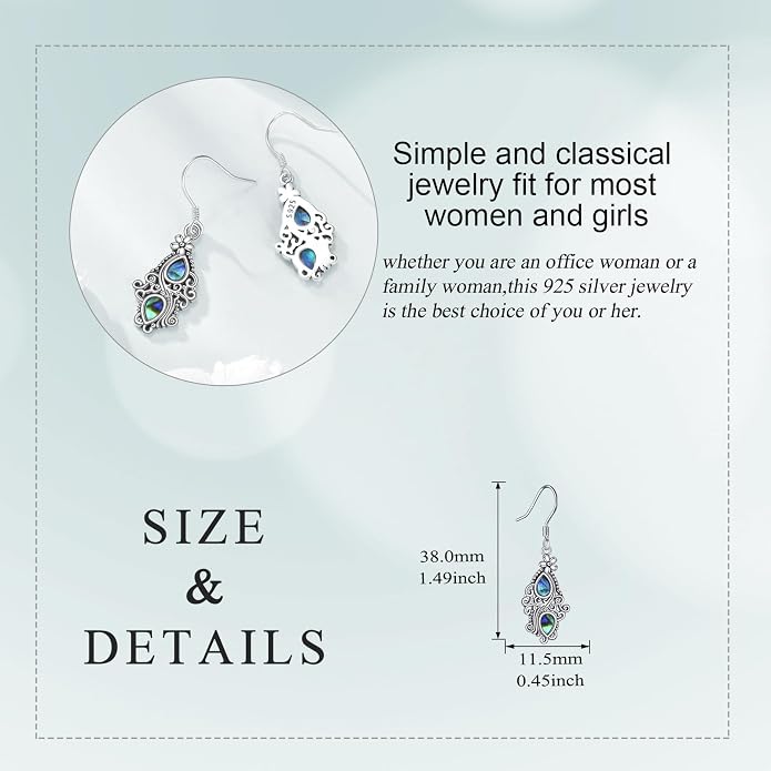 Abalone Shell Dangle Drop Earrings for Women 925 Sterling Silver Filigree Bohemian Earrings Jewelry Gift