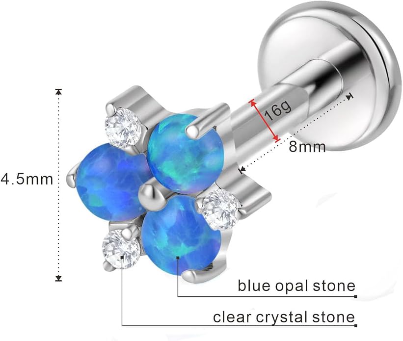16G Internally Threaded Titanium Opal Flower Labret Tragus Stud, Monroe Lip Ring Helix Piercing Jewelry