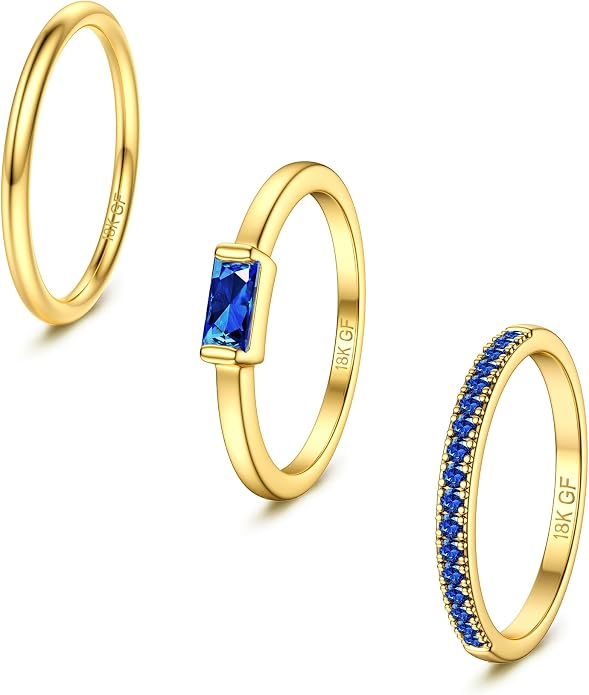 Gold Stackable Birthstone Rings for Women - 18K Gold Filled Non Tarnish Dainty Gold Stacking Rings Set - Cubic Zirconia Thumb Knuckle Ring Wedding Engagement Ring for her Gifts Size 6 7 8 9 10 3pcs